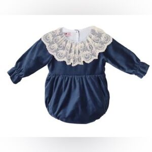 Phi Blue Velvet Romper with Lace Collar - size: 6 months